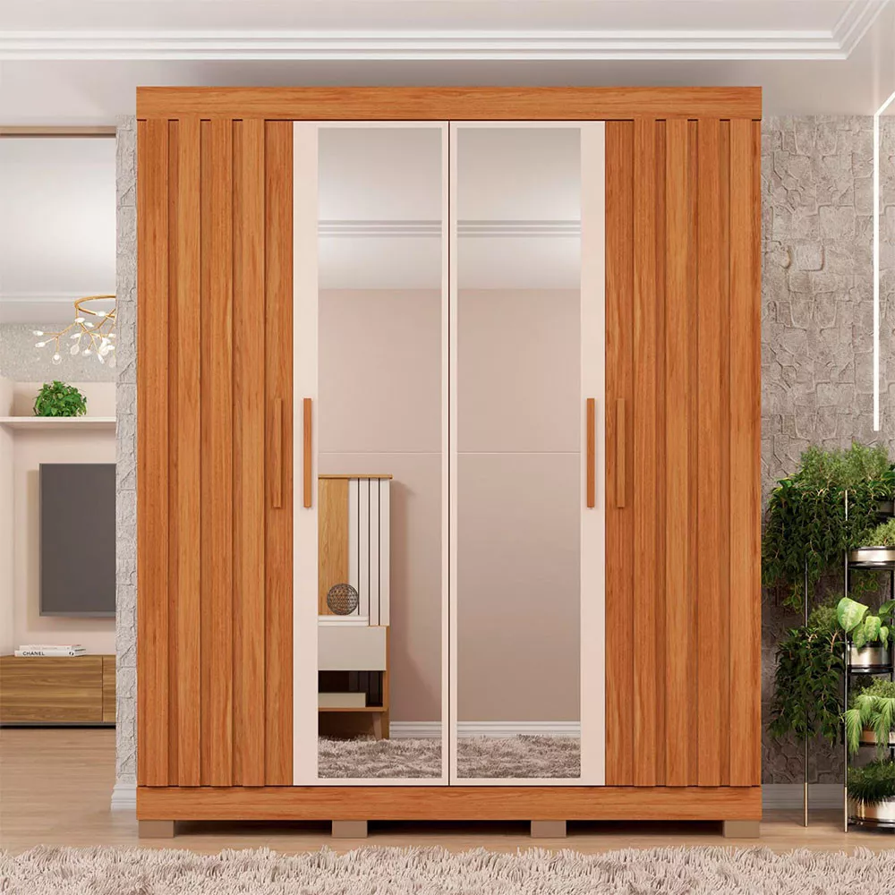 Guarda Roupa Solteiro Sophia Lux com Espelhos 4 Portas 2 Gavetas Caemmun