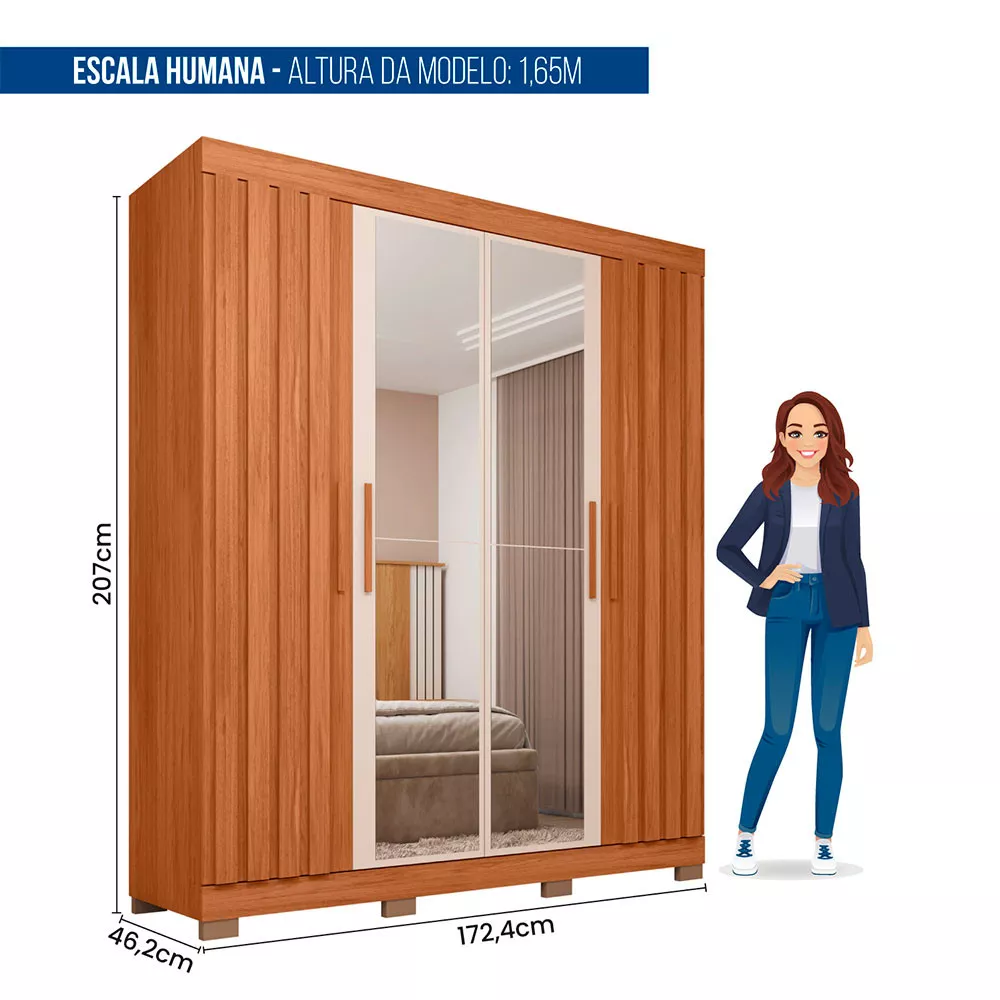 Guarda Roupa Solteiro Sophia Lux com Espelhos 4 Portas 2 Gavetas Caemmun