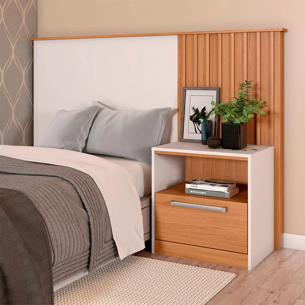 Cabeceira Solteiro Lucila com Ripado 1 Mesa com Gaveta Caemmun