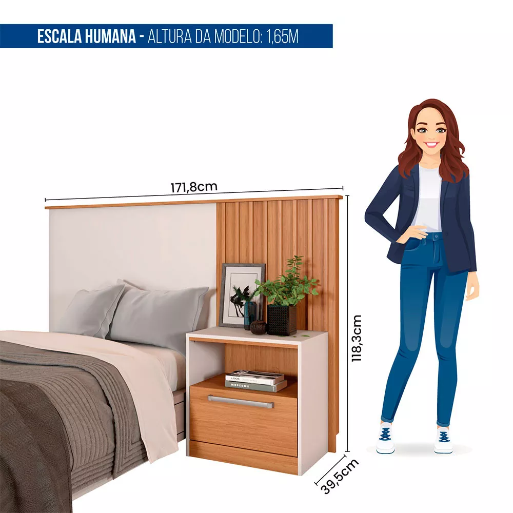 Cabeceira Solteiro Lucila com Ripado 1 Mesa com Gaveta Caemmun