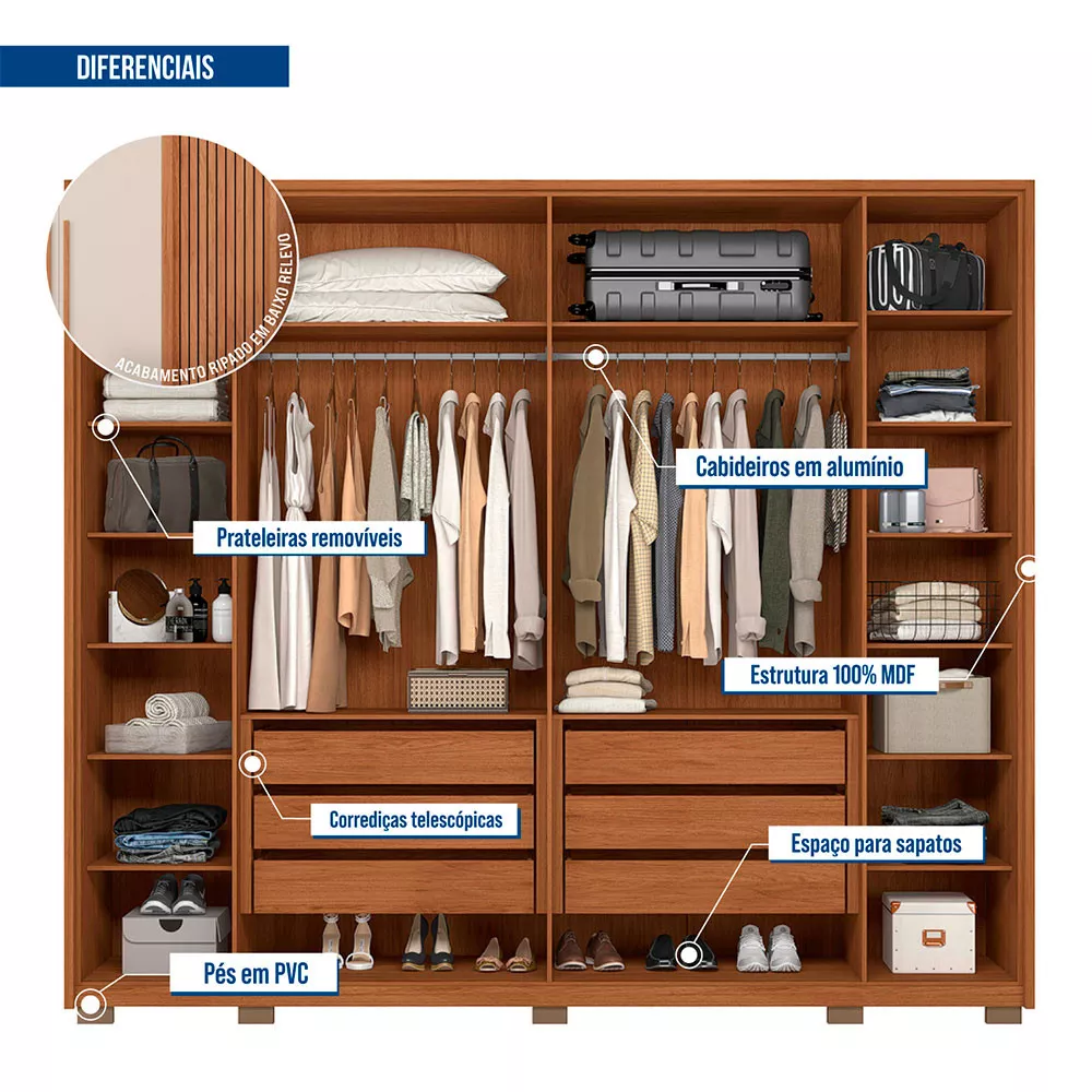 Guarda Roupa Casal Rufius 6 Portas 6 Gavetas Caemmun