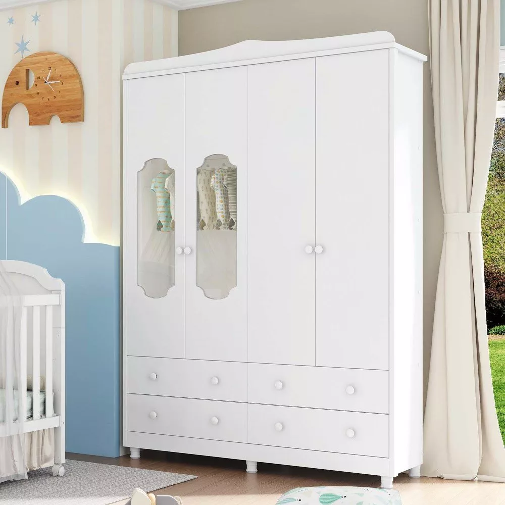 Guarda Roupa Infantil 4 Portas 4 Gavetas MDF  Noah Móveis Peroba