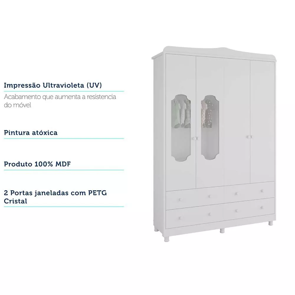 Guarda Roupa Infantil 4 Portas 4 Gavetas MDF  Noah Móveis Peroba