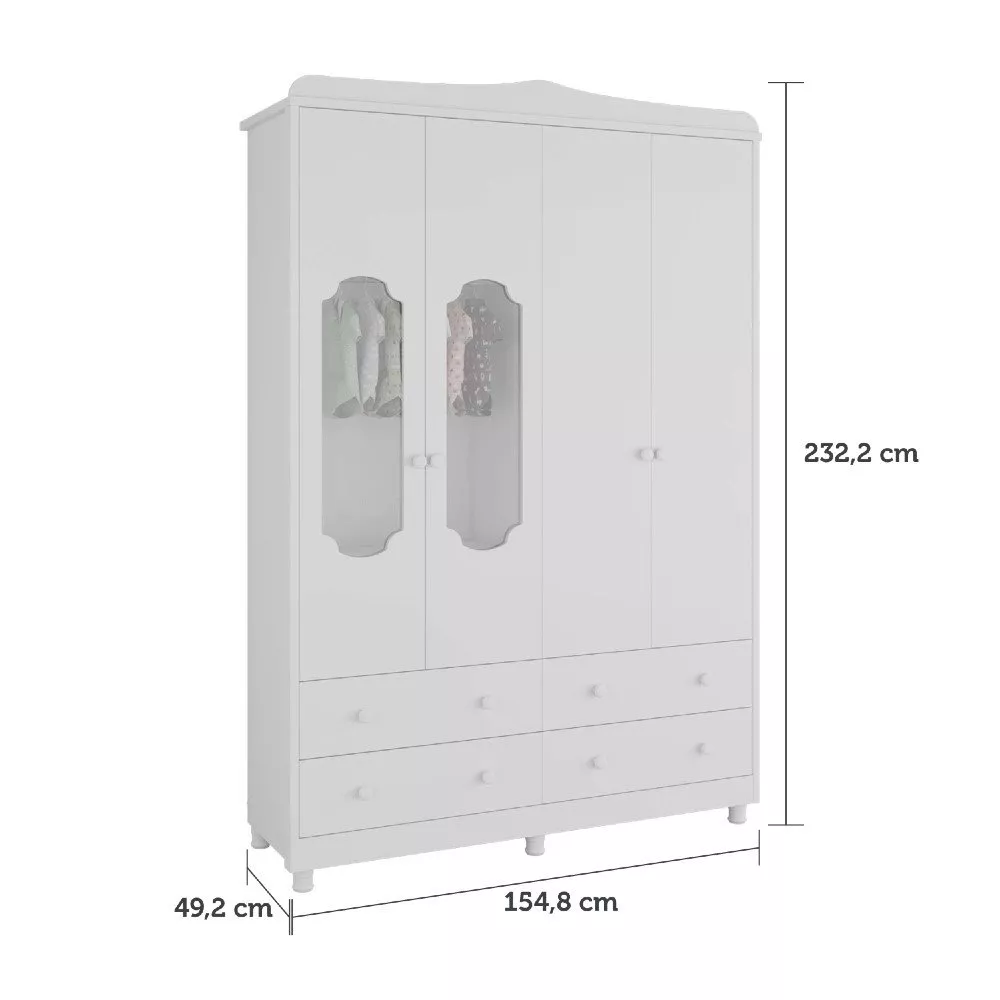 Guarda Roupa Infantil 4 Portas 4 Gavetas MDF  Noah Móveis Peroba