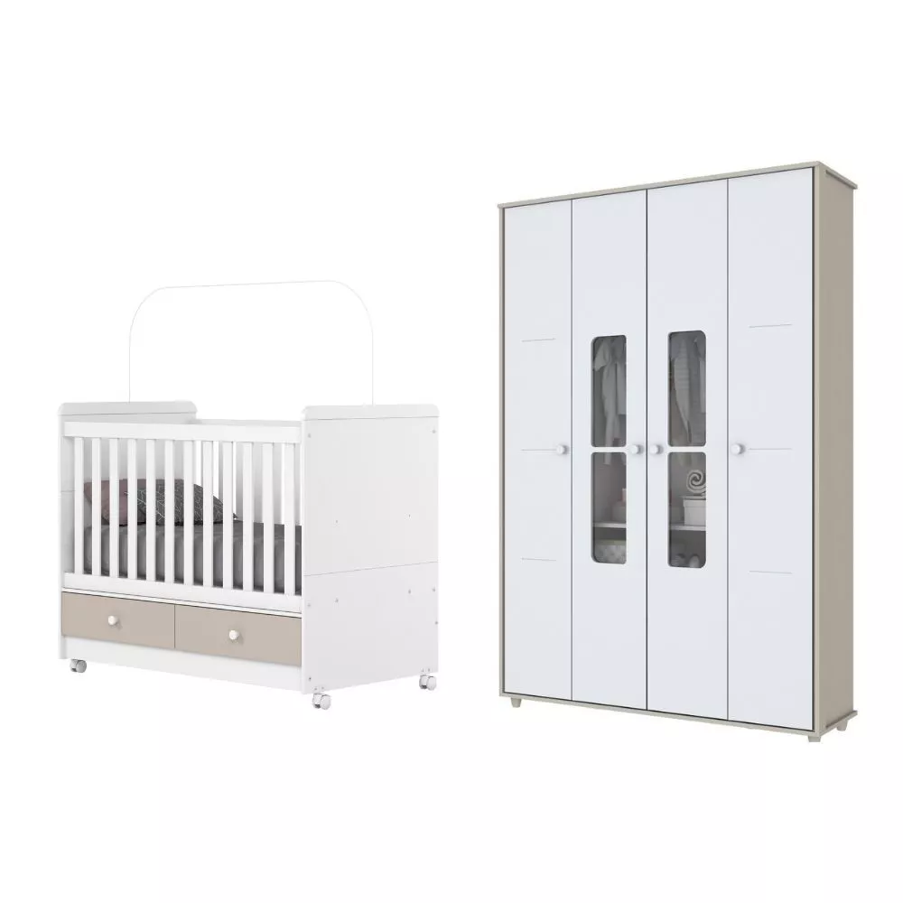 Quarto de Bebê Berço Mini Cama 2 Gavetas e Guarda Roupa 4 Portas 2 Gavetas Aquarela Henn