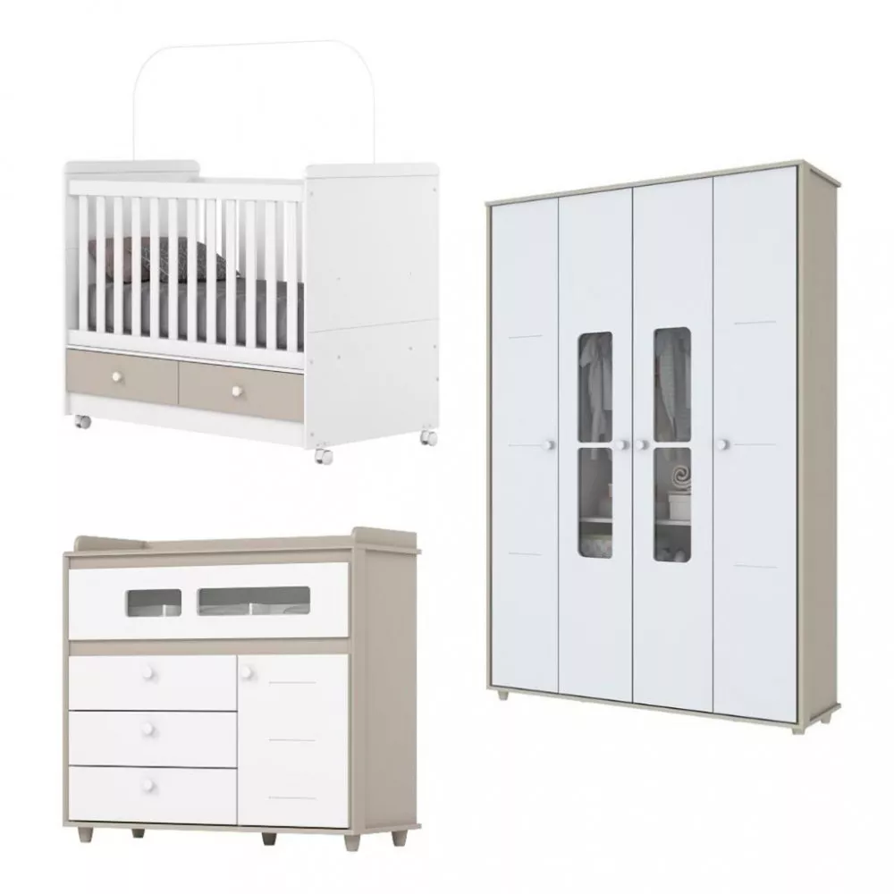 Quarto de Bebê Completo Berço Mini Cama 2 Gavetas Guarda Roupa 4 Portas 2 Gavetas e Cômoda 4 Gavetas 1 Porta Aquarela Henn