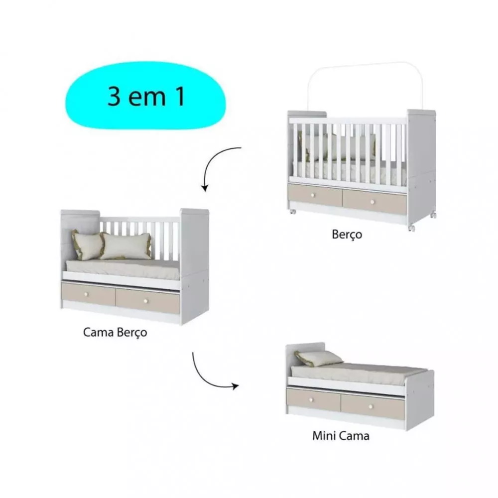 Quarto de Bebê Completo Berço Mini Cama 2 Gavetas Guarda Roupa 4 Portas 2 Gavetas e Cômoda 4 Gavetas 1 Porta Aquarela Henn