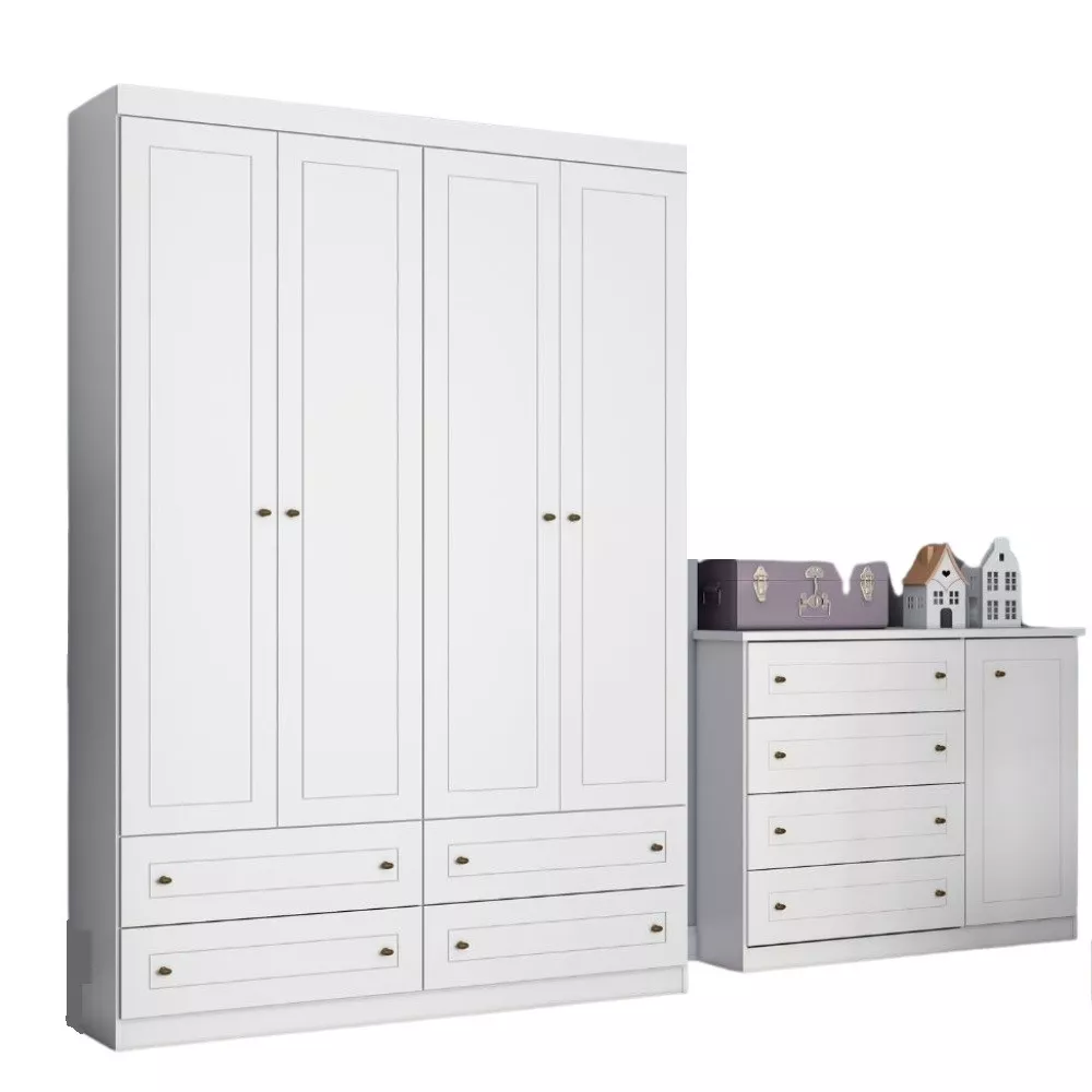 Quarto de Bebê Guarda-Roupa 4 Portas 4 Gavetas e Cômoda 4 Gavetas 1 Porta Americano Henn