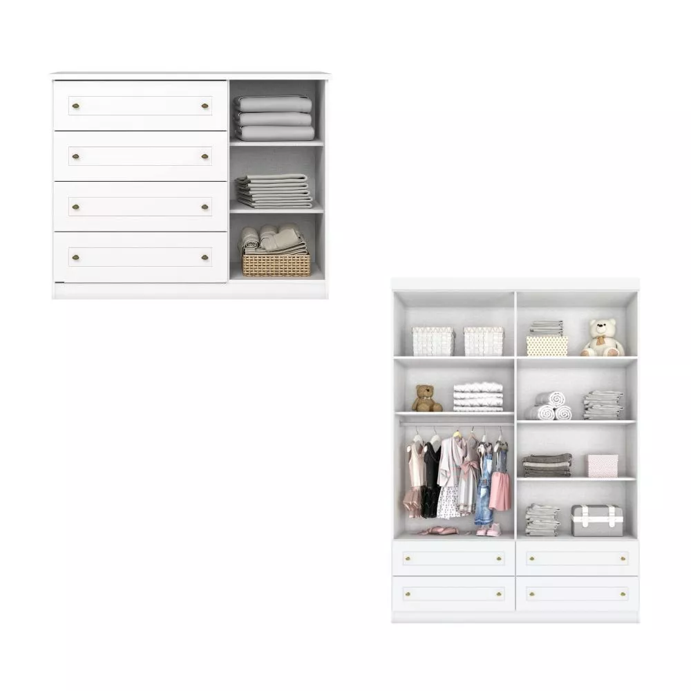 Quarto de Bebê Guarda-Roupa 4 Portas 4 Gavetas e Cômoda 4 Gavetas 1 Porta Americano Henn
